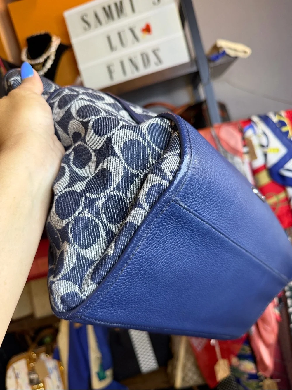 Coach Park Carrie Navy Denim Signature Canvas Tote with Blue Leather Trim